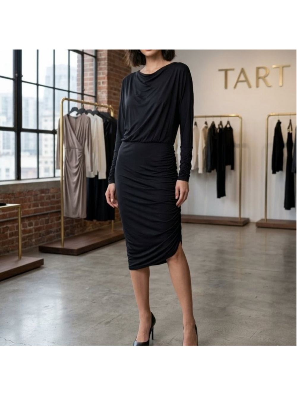 New Tart Collections Modal Black Long Sleeve Ruched Midi Dress Size L Bodycon